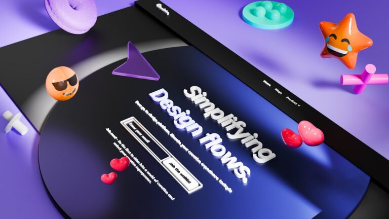 3D abstract shapes and emojis on purple background